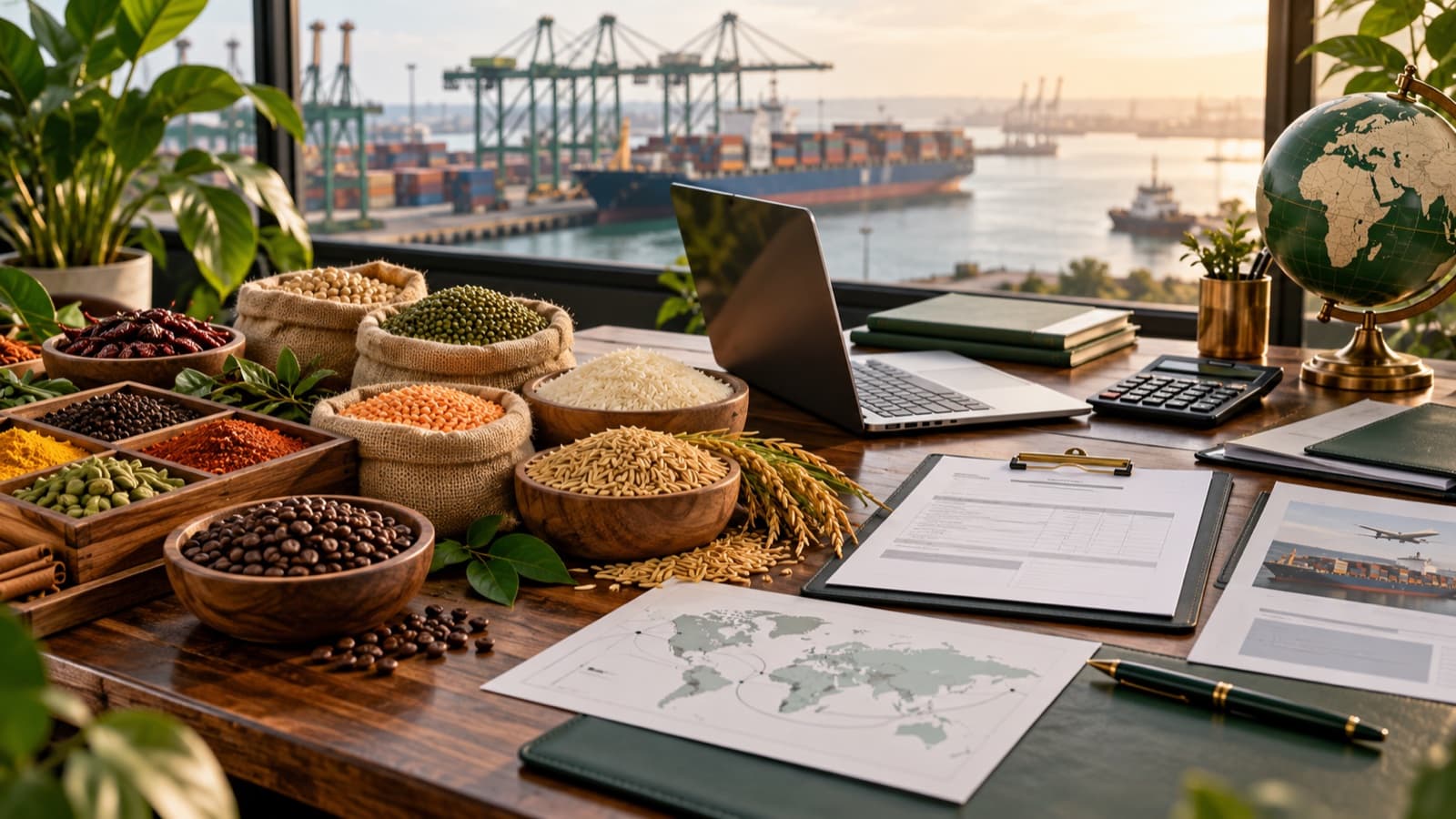 International trade desk with paddy, spice, coffee and pulse samples beside shipping documents