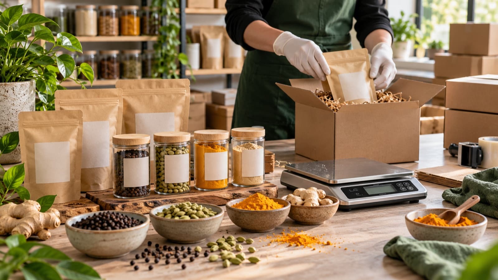 Premium unbranded spice pouches and jars being packed for customer fulfilment