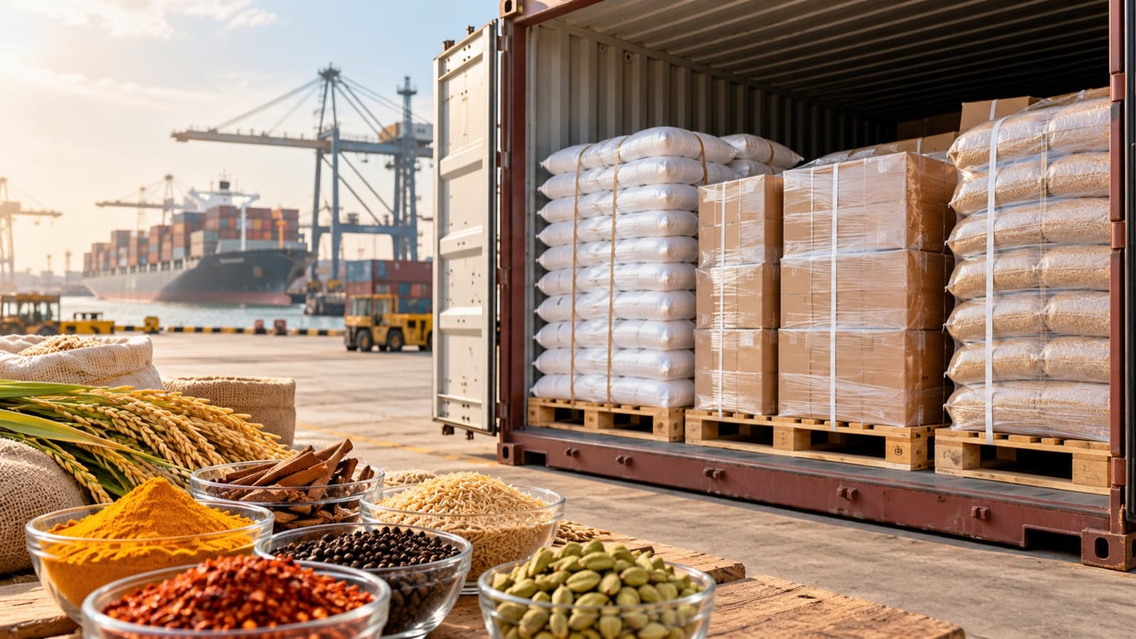 Food-grade paddy and spice sacks loaded on pallets into a shipping container at an international port