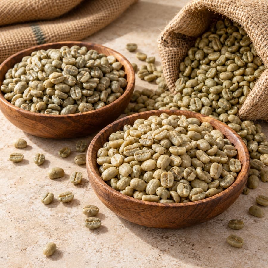 Unroasted green coffee beans in wooden bowls beside an open jute sack
