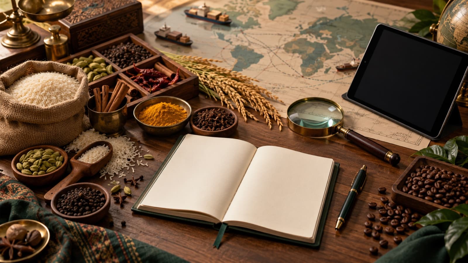 Commodity trader's desk with paddy, spices, coffee, a notebook and an international shipping map