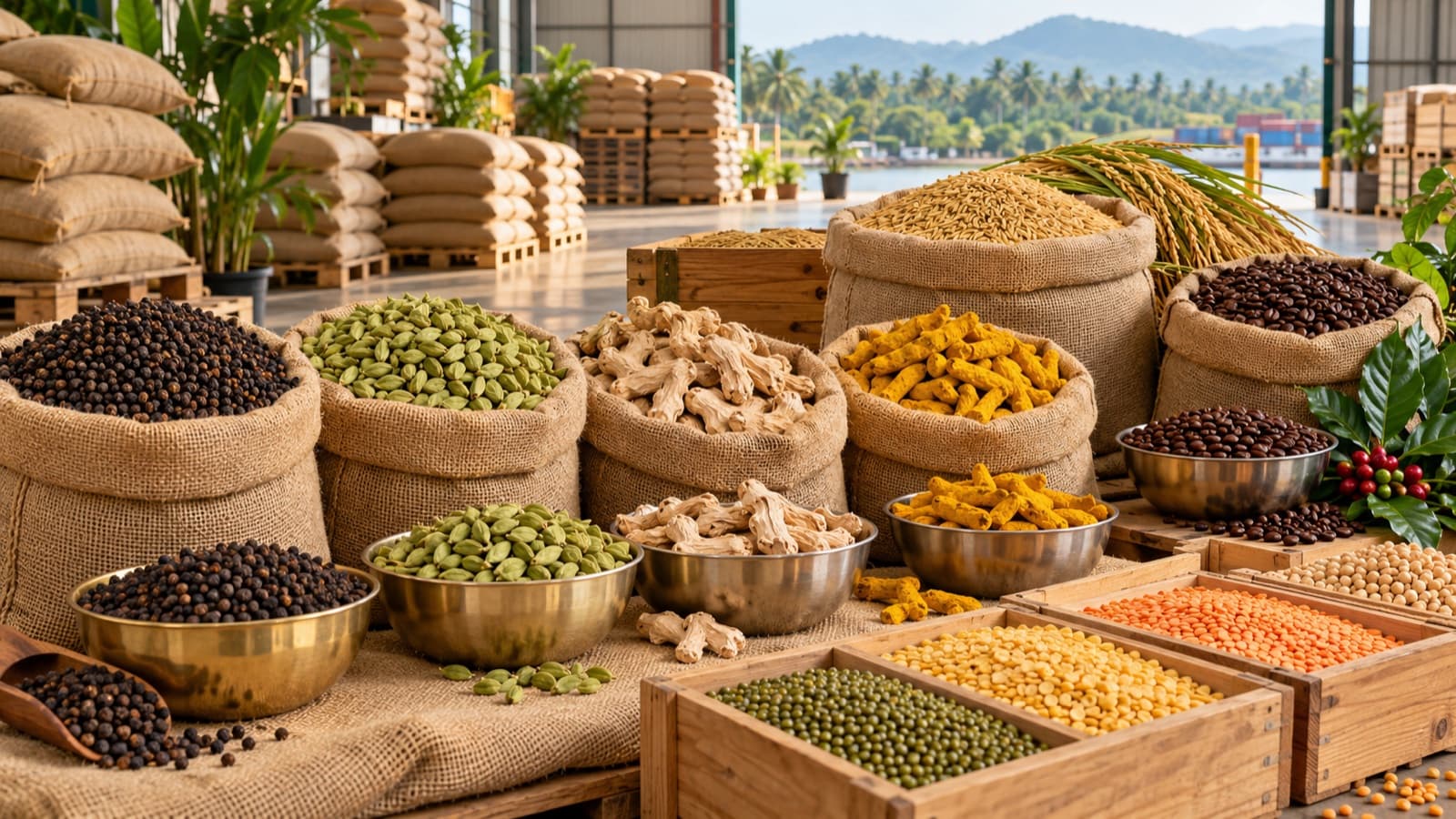 Paddy, black pepper, cardamom, ginger, turmeric, coffee and pulses arranged in an export warehouse