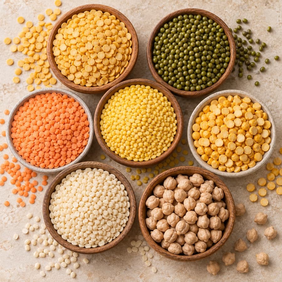 Bowls of toor, moong, chana, urad, masoor dal and chickpeas