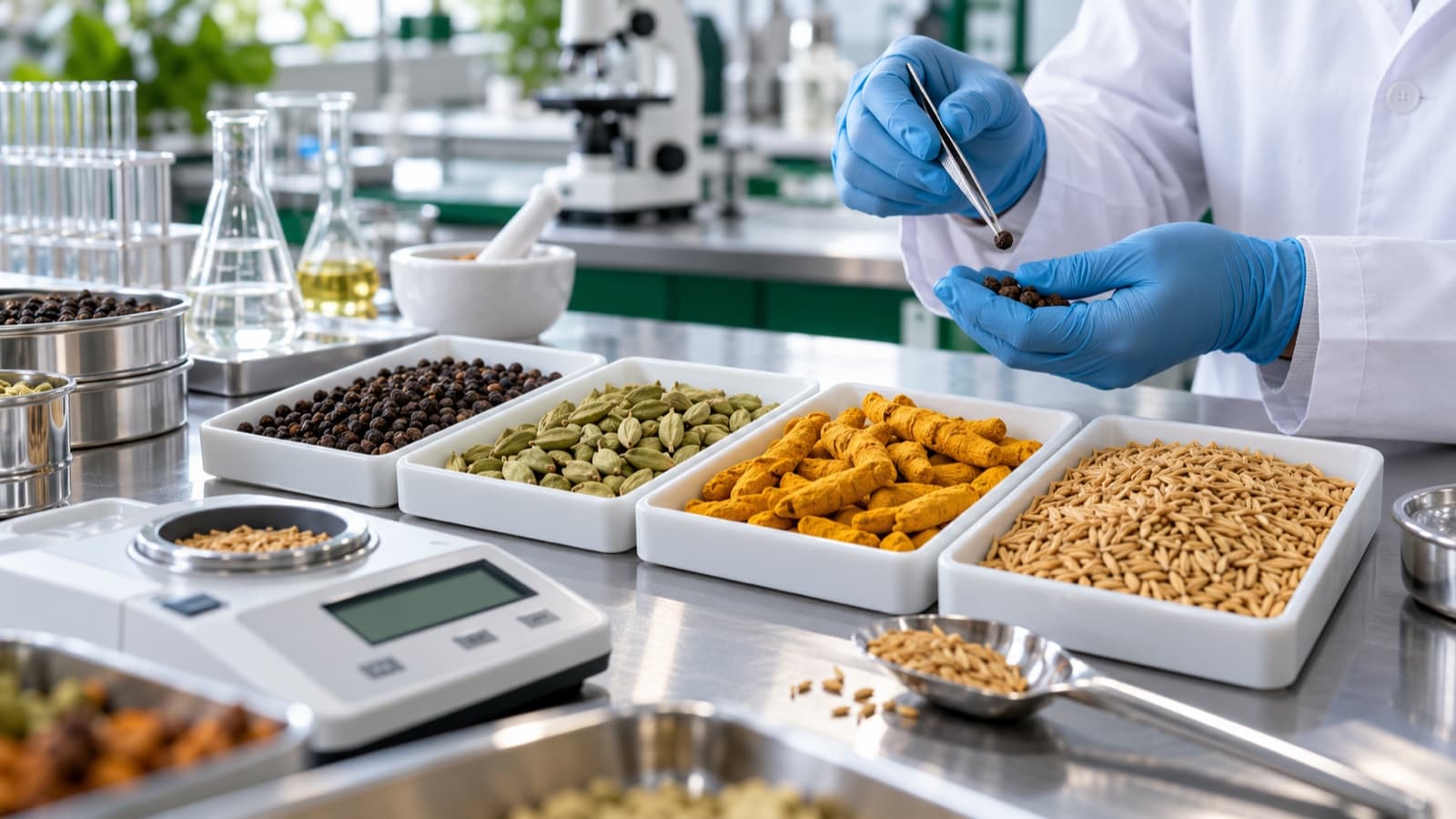 Laboratory technician inspecting pepper, cardamom, turmeric and paddy samples