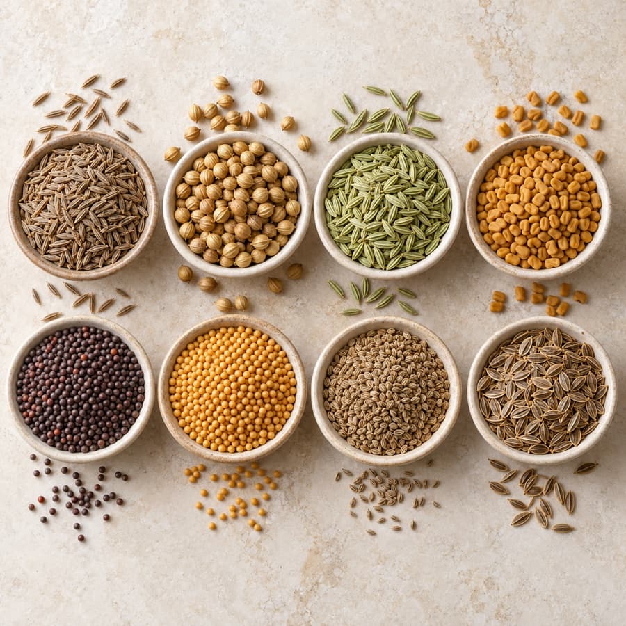 Bowls of cumin, coriander, fennel, fenugreek, mustard, ajwain and dill seeds