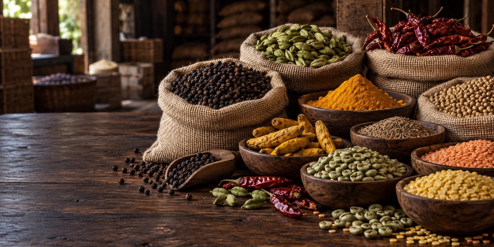 Black pepper, cardamom, turmeric, chilli, green coffee and pulses displayed in bowls and jute sacks