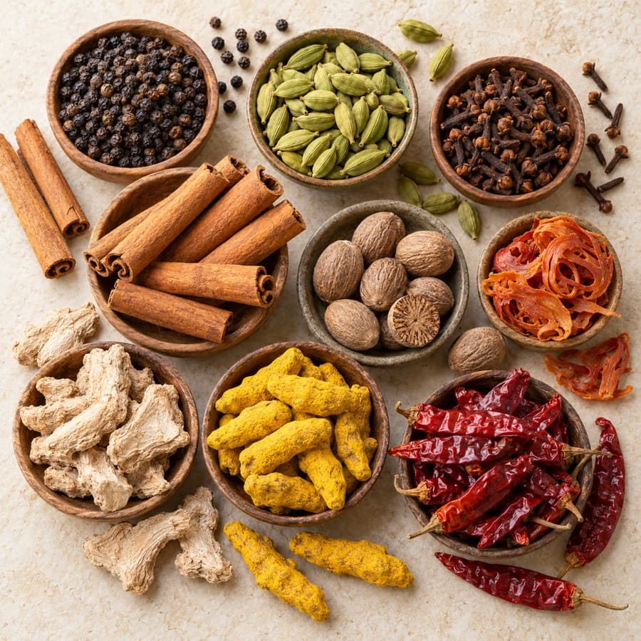 Bowls of black pepper, cardamom, cloves, cinnamon, nutmeg, ginger, turmeric and dried chilli